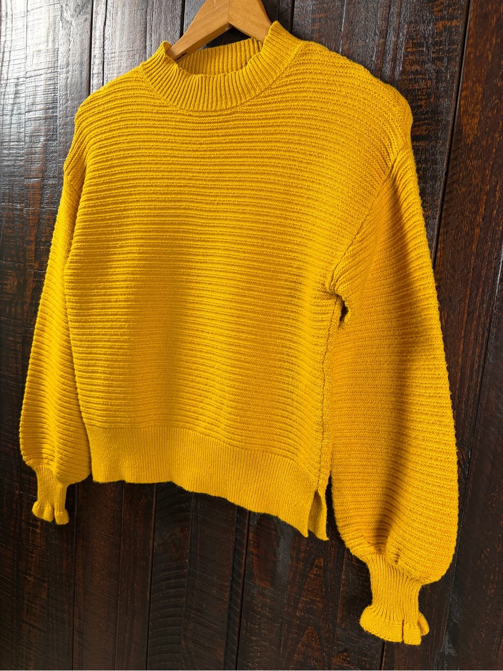 Women’s Mustard Yellow Ribbed Crewneck Sweater Ruffled Cuffs